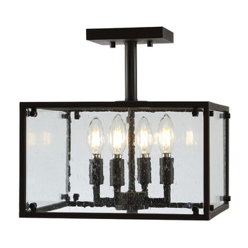 Paysan 13" Iron/Seeded Glass Rustic Farmhouse LED Flush Mount - JONATHAN Y
